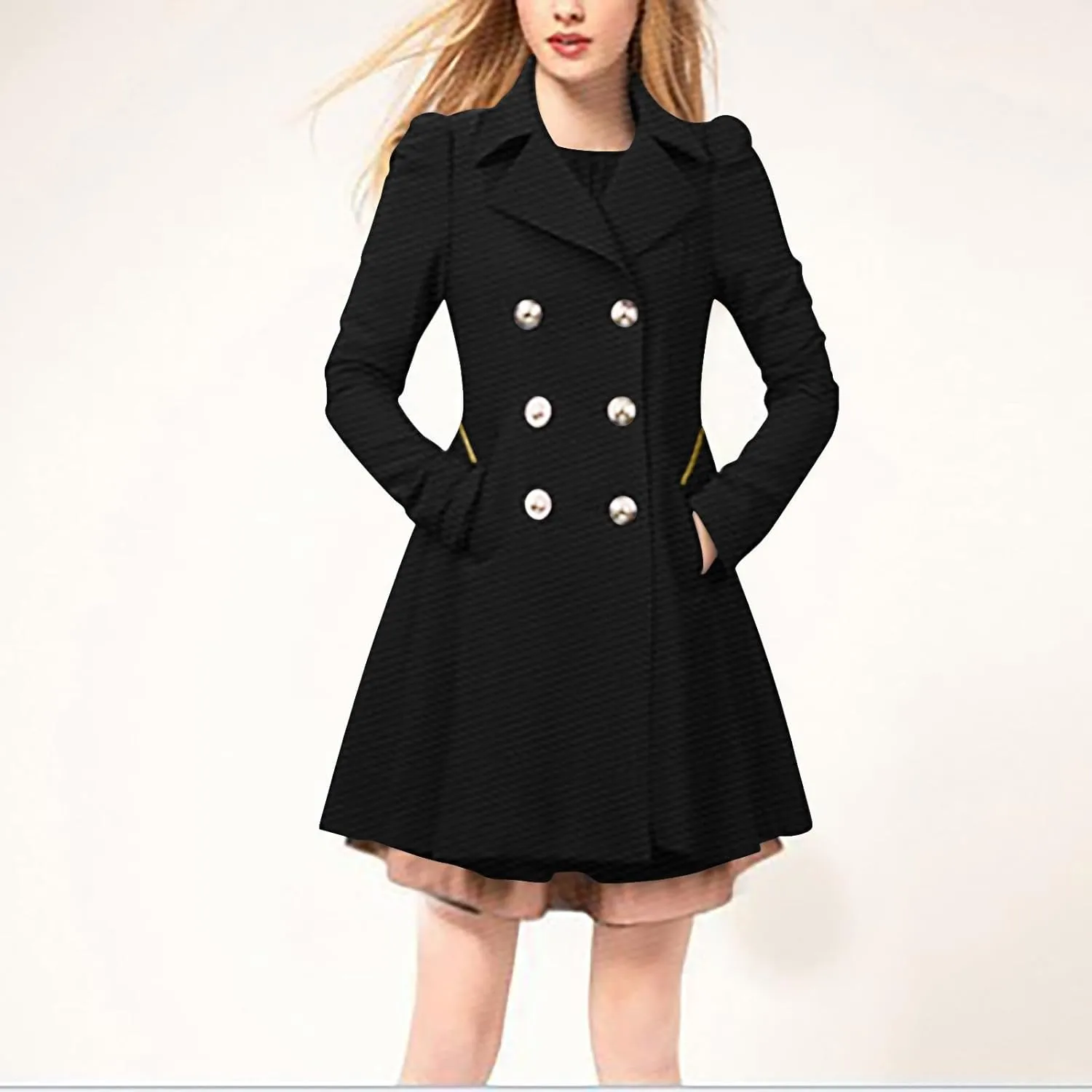 Trench Coats for Women 2024 Notched Lapel Collar Doubel-Breasted Dress Coats Fall Winter Wool Blend Pea Coat Jackets