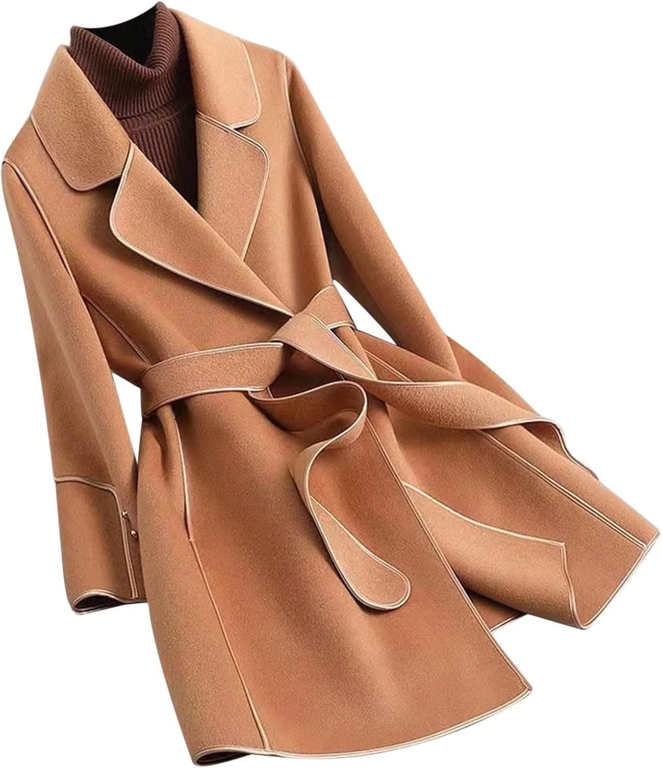 Trench Coats for Women 2024 Winter Warm Wool Blend Overcoats Double Breasted Notch Lapel Pea Coat with Belts