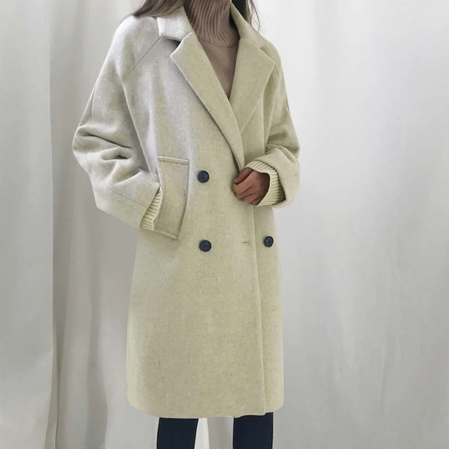 Trench Coats for Women Casual Double Breasted Notched Lapel Wool Coats Winter Warm Oversized Long Pea Coat Jackets
