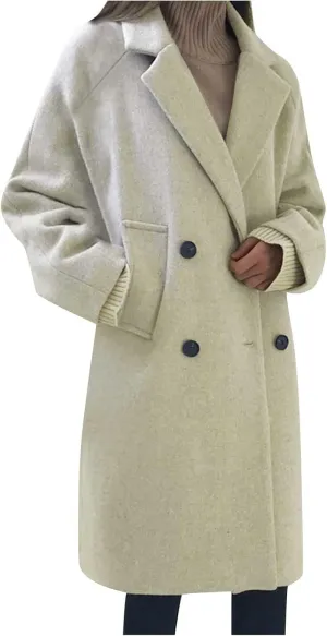 Trench Coats for Women Casual Double Breasted Notched Lapel Wool Coats Winter Warm Oversized Long Pea Coat Jackets