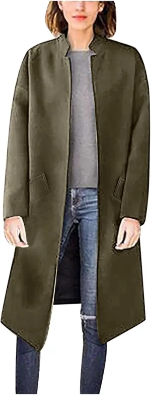 Trench Coats for Women Casual Long Trench Coat Winter Slim Fit Jackets Solid Windbreaker Outerwear with Pockets