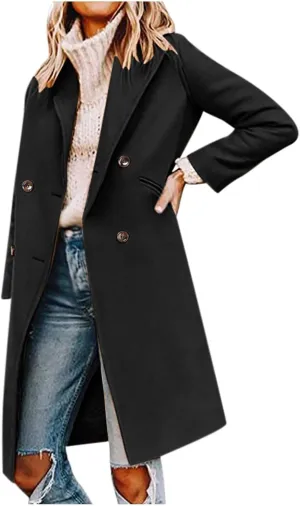 Trench Coats for Women Double Breasted Wool Blend Pea Coats Notched Lapel Collar Business Casual Long Jackets