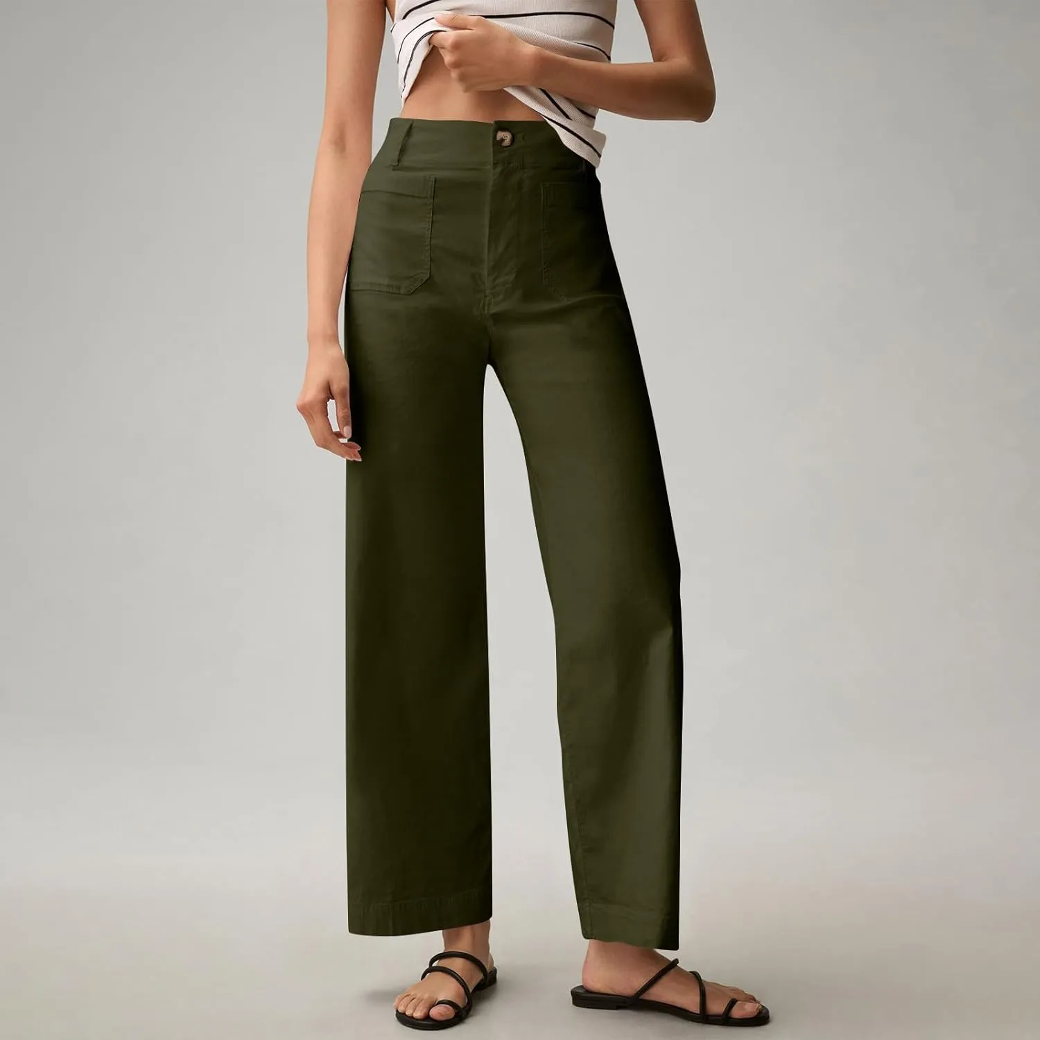 Twill Stretch Cropped Wide Leg Pants for Women Business Casual High Waist Chino Pants Office Work Ankle Jeans w/Pocket