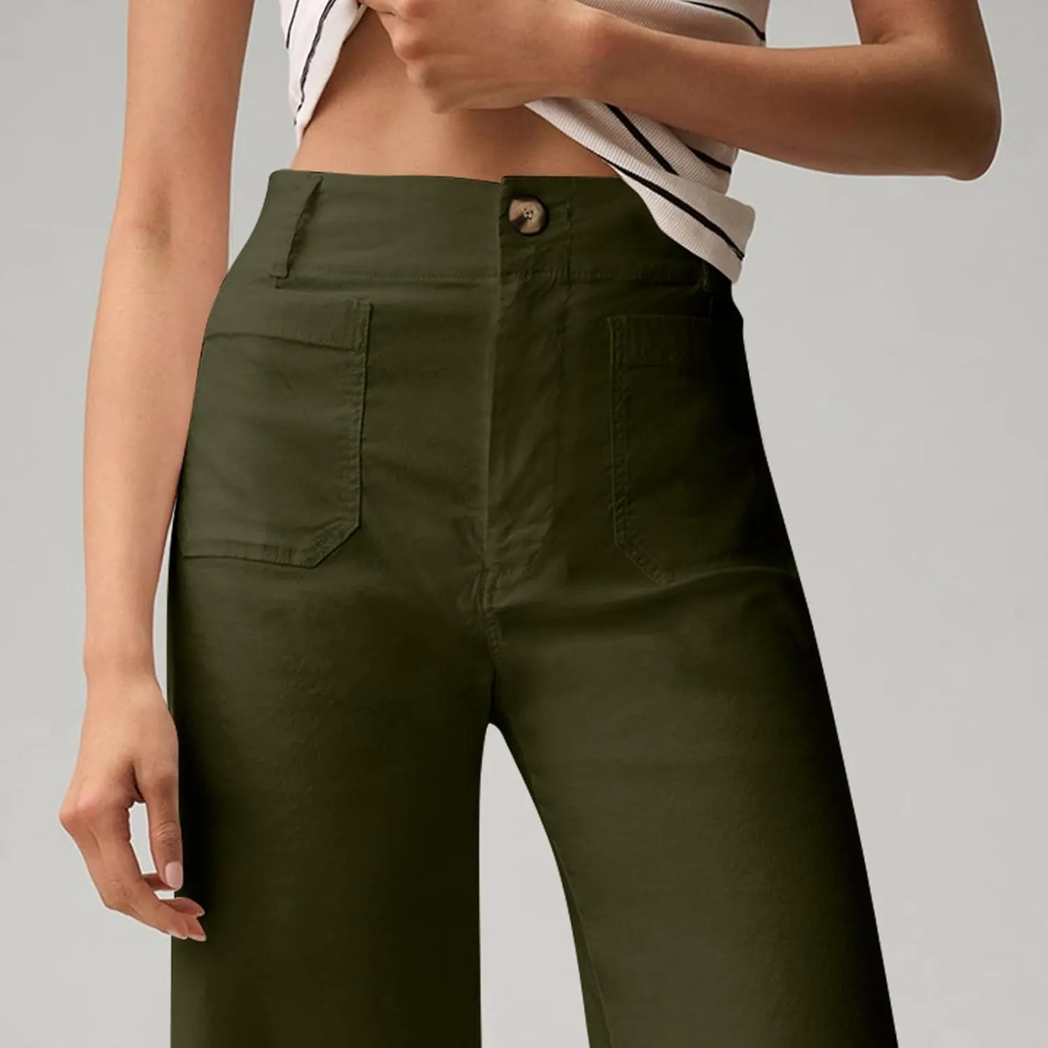 Twill Stretch Cropped Wide Leg Pants for Women Business Casual High Waist Chino Pants Office Work Ankle Jeans w/Pocket