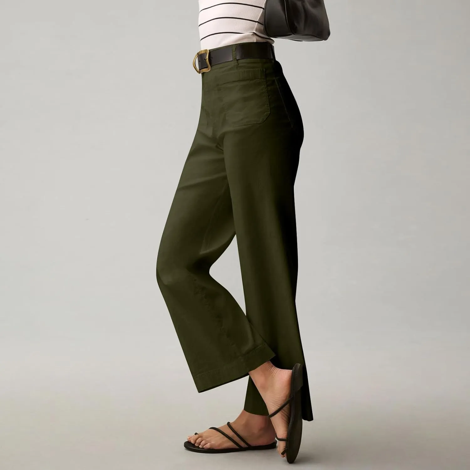 Twill Stretch Cropped Wide Leg Pants for Women Business Casual High Waist Chino Pants Office Work Ankle Jeans w/Pocket