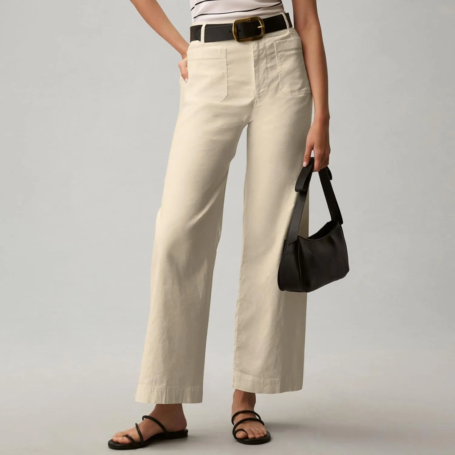 Twill Stretch Cropped Wide Leg Pants for Women Business Casual High Waist Chino Pants Office Work Ankle Jeans w/Pocket