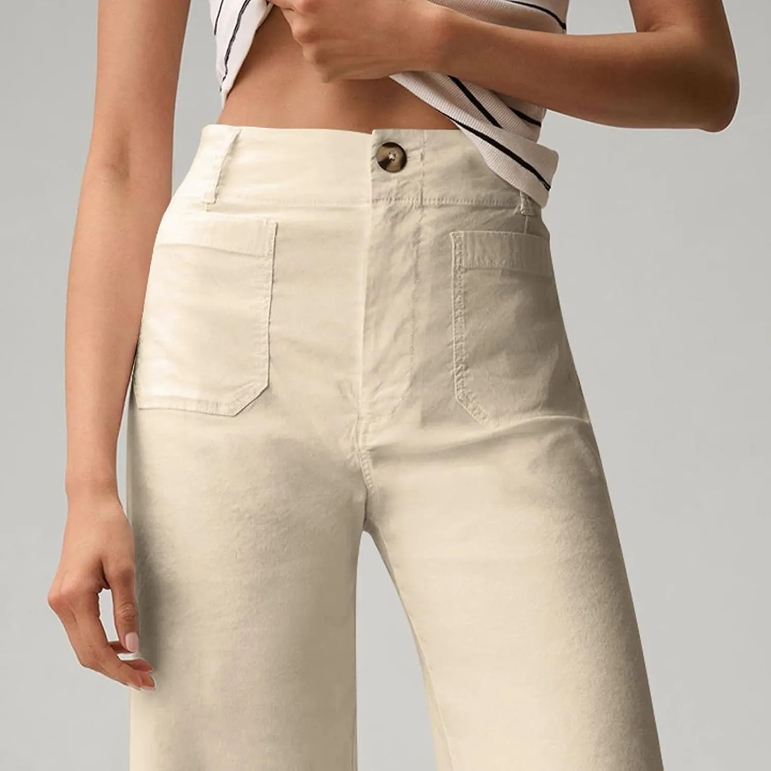 Twill Stretch Cropped Wide Leg Pants for Women Business Casual High Waist Chino Pants Office Work Ankle Jeans w/Pocket
