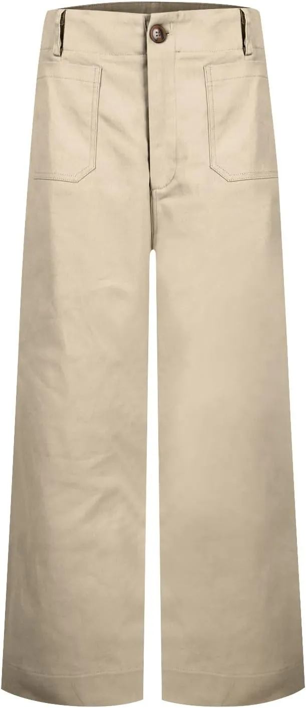 Twill Stretch Cropped Wide Leg Pants for Women Business Casual High Waist Chino Pants Office Work Ankle Jeans w/Pocket