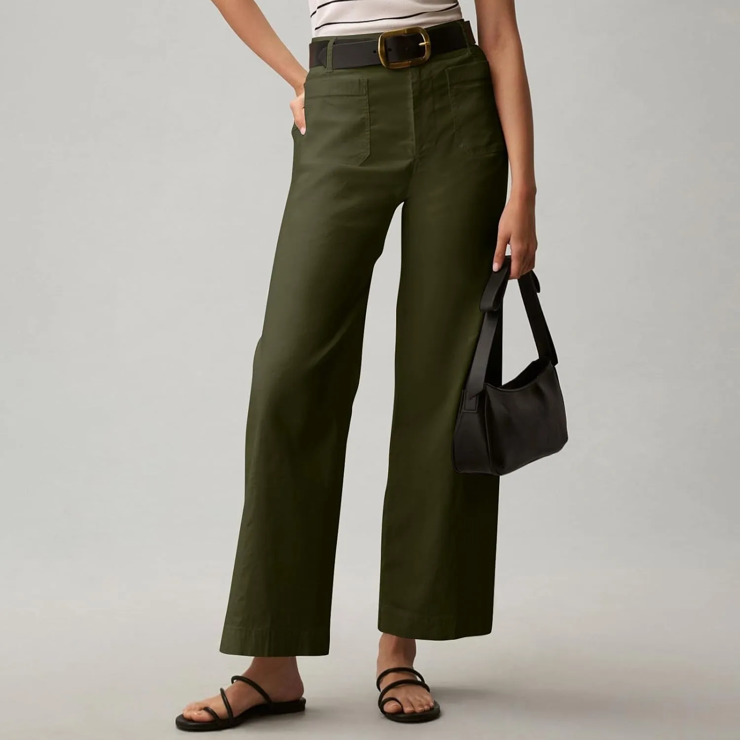Twill Stretch Cropped Wide Leg Pants for Women Business Casual High Waist Chino Pants Office Work Ankle Jeans w/Pocket