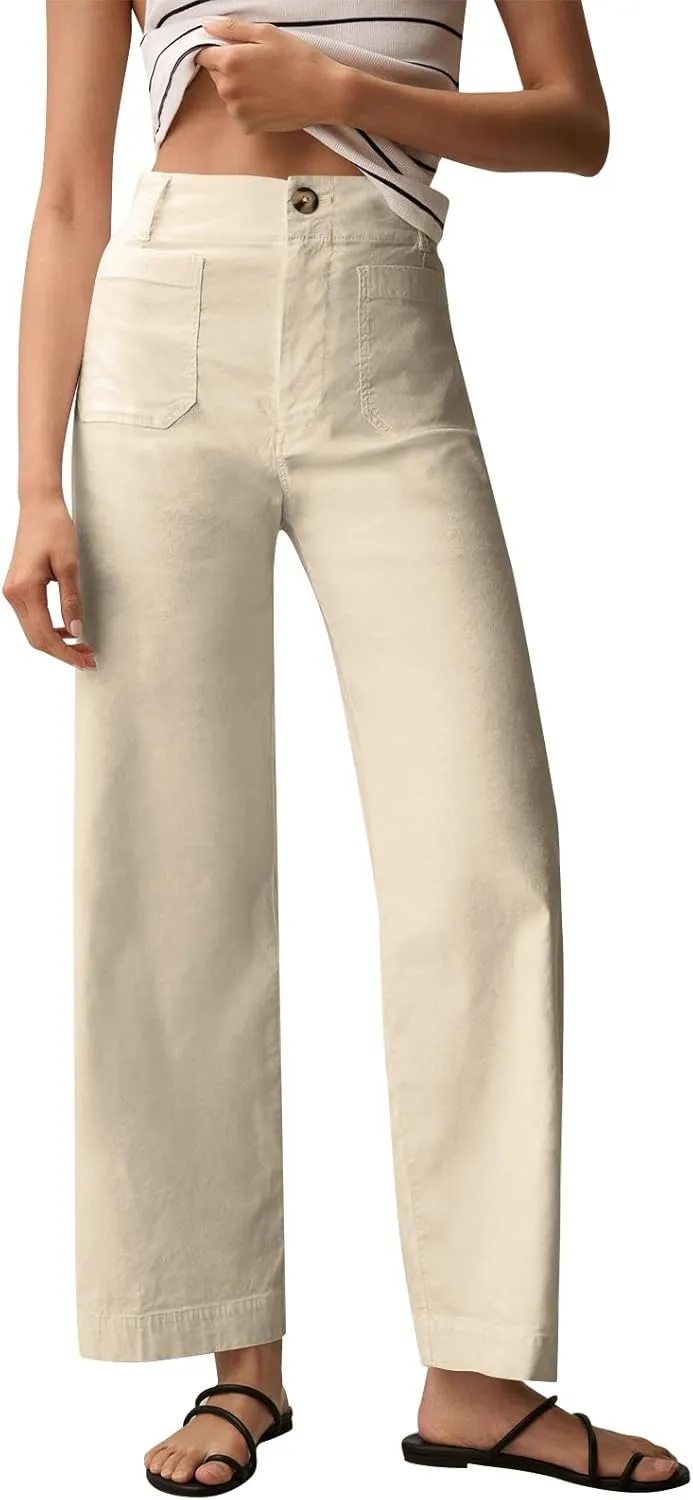 Twill Stretch Cropped Wide Leg Pants for Women Business Casual High Waist Chino Pants Office Work Ankle Jeans w/Pocket