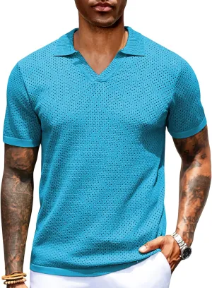 URRU Mens Knit Polo Shirt Short Sleeve Hollow Out Shirt Texture Knitted Polo Shirts for Men