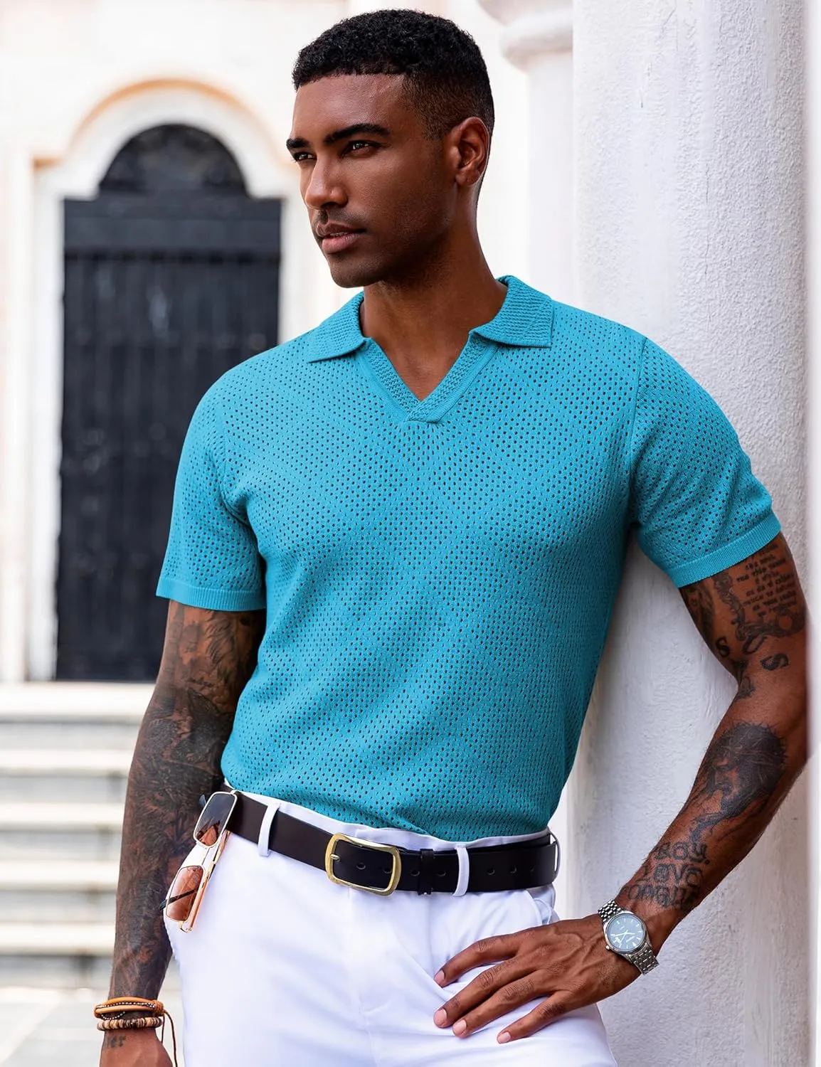 URRU Mens Knit Polo Shirt Short Sleeve Hollow Out Shirt Texture Knitted Polo Shirts for Men