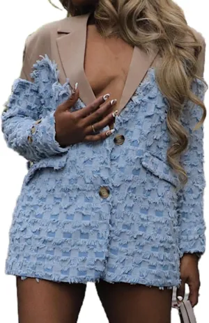 Vakkest Denim Blazer Jackets for Women Patchwork Business Casual Long Sleeves Classic Lapel Button Jean Trendy Coats