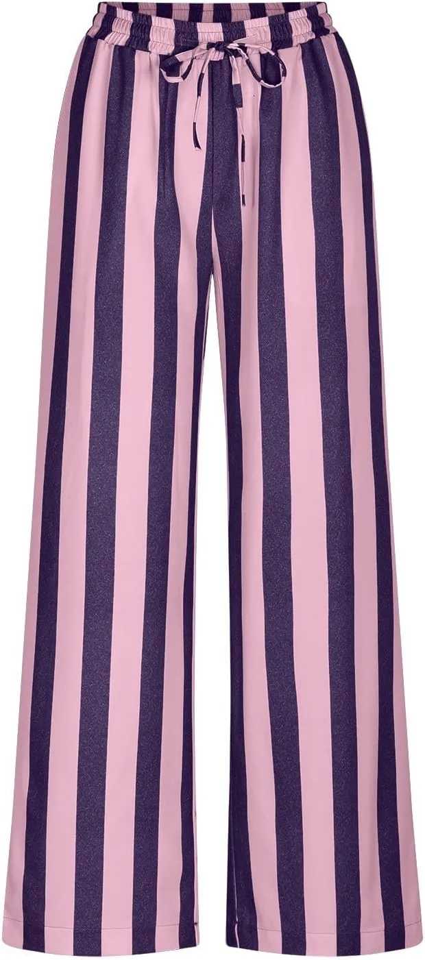 Vertical Striped Wide Leg Pants Womens Vintage High Waist Loungewear Pant Fashion Casual Loose Fit Pocketed Trousers