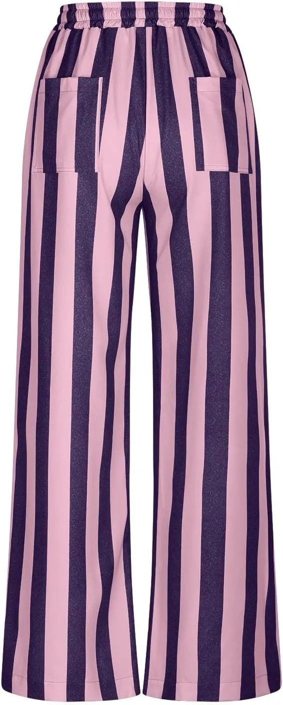 Vertical Striped Wide Leg Pants Womens Vintage High Waist Loungewear Pant Fashion Casual Loose Fit Pocketed Trousers