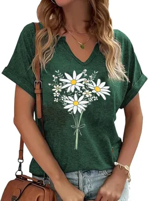 Vintage Flowers V Neck Shirt for Women Boho Floral Wildflowers Graphic Tee Casual Cottagecore Summer T Shirt