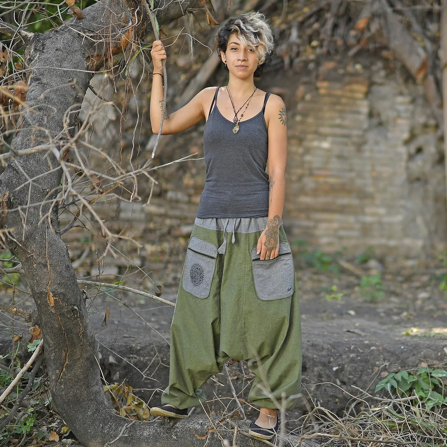 virblatt - Harem Pants Men & Harem Pants Women | Cotton | Drop Crotch Pants Men Genie Pants Aladdin Pants Hippie Rave