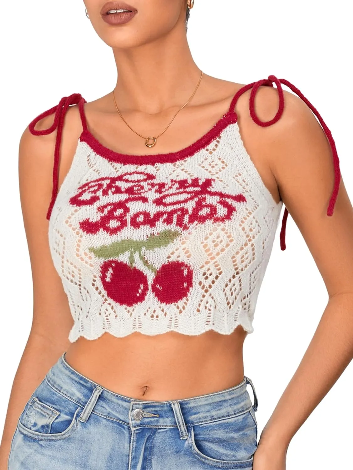 WDIRARA Women's Crochet Cherry Letter Y2k Crop Top Camisole Lettuce Trim Tie Shoulder Spaghetti Strap Knitted Tank Top