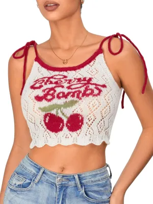 WDIRARA Women's Crochet Cherry Letter Y2k Crop Top Camisole Lettuce Trim Tie Shoulder Spaghetti Strap Knitted Tank Top