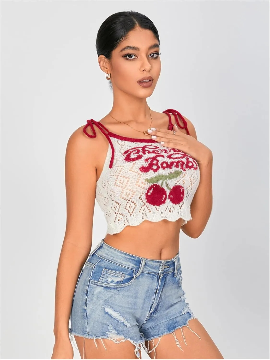 WDIRARA Women's Crochet Cherry Letter Y2k Crop Top Camisole Lettuce Trim Tie Shoulder Spaghetti Strap Knitted Tank Top