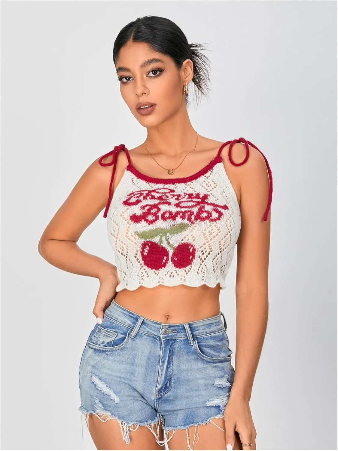 WDIRARA Women's Crochet Cherry Letter Y2k Crop Top Camisole Lettuce Trim Tie Shoulder Spaghetti Strap Knitted Tank Top
