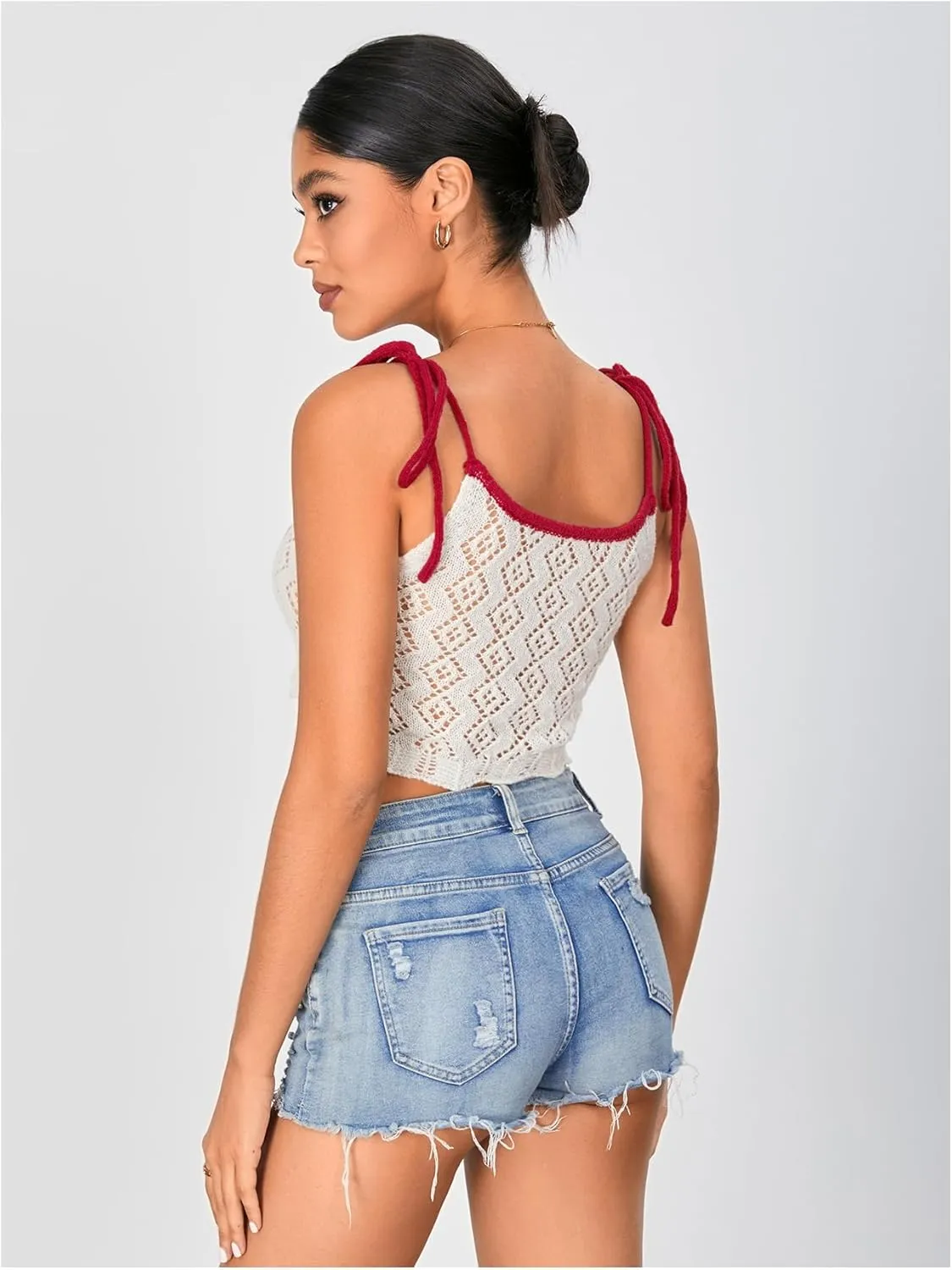 WDIRARA Women's Crochet Cherry Letter Y2k Crop Top Camisole Lettuce Trim Tie Shoulder Spaghetti Strap Knitted Tank Top