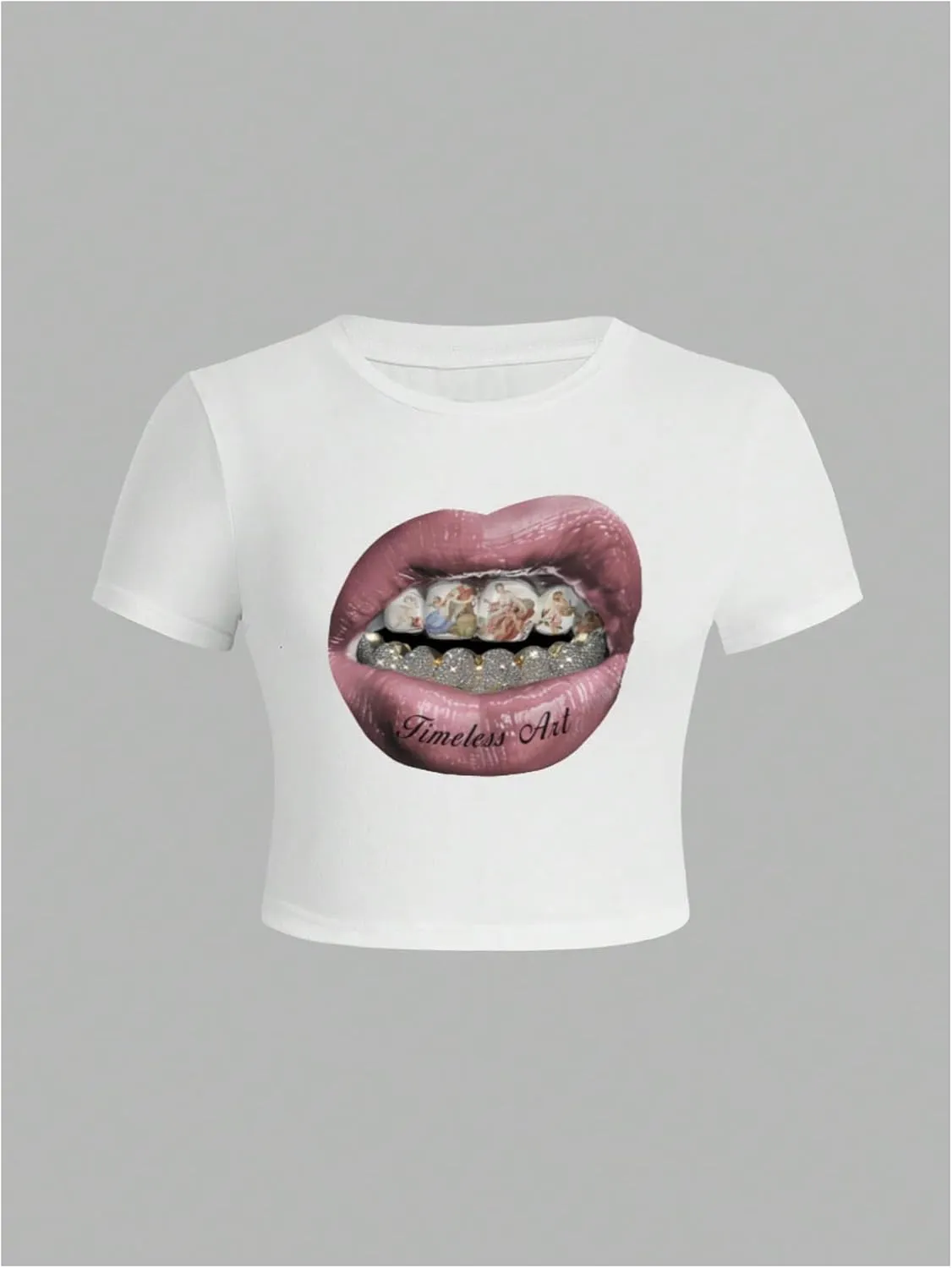 WDIRARA Women's Graphic Lip Print Crop Tee Shirt Round Neck Short Sleeve T-Shirt Slim Fit Top