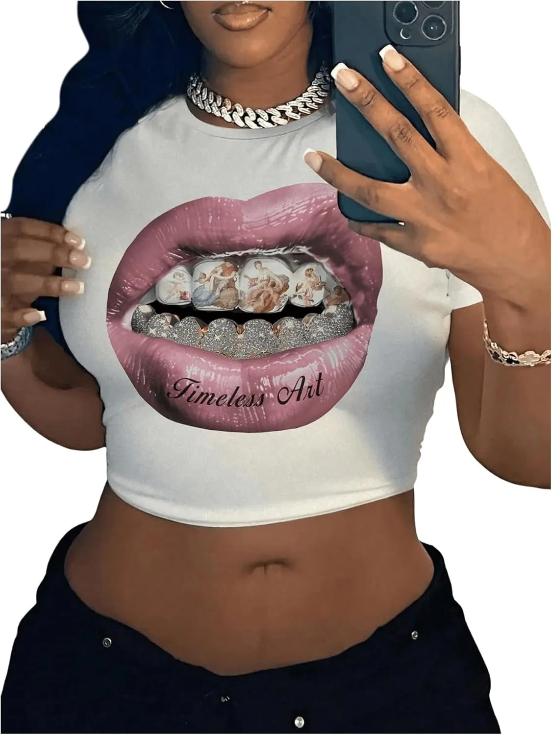 WDIRARA Women's Graphic Lip Print Crop Tee Shirt Round Neck Short Sleeve T-Shirt Slim Fit Top