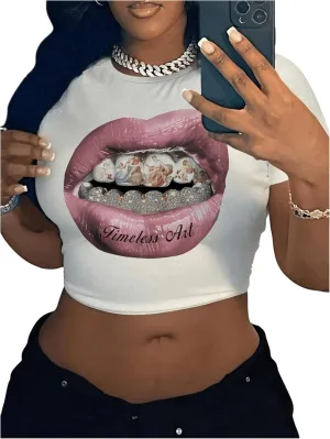 WDIRARA Women's Graphic Lip Print Crop Tee Shirt Round Neck Short Sleeve T-Shirt Slim Fit Top