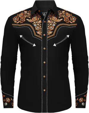 Western Embroidered Cowboy Shirts for Men, Casual Button Down Long Sleeve Shirt Floral Design Retro Shirt