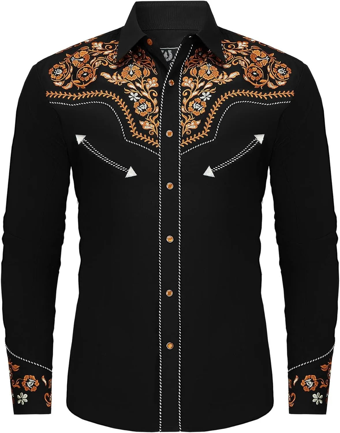 Western Embroidered Cowboy Shirts for Men, Casual Button Down Long Sleeve Shirt Floral Design Retro Shirt