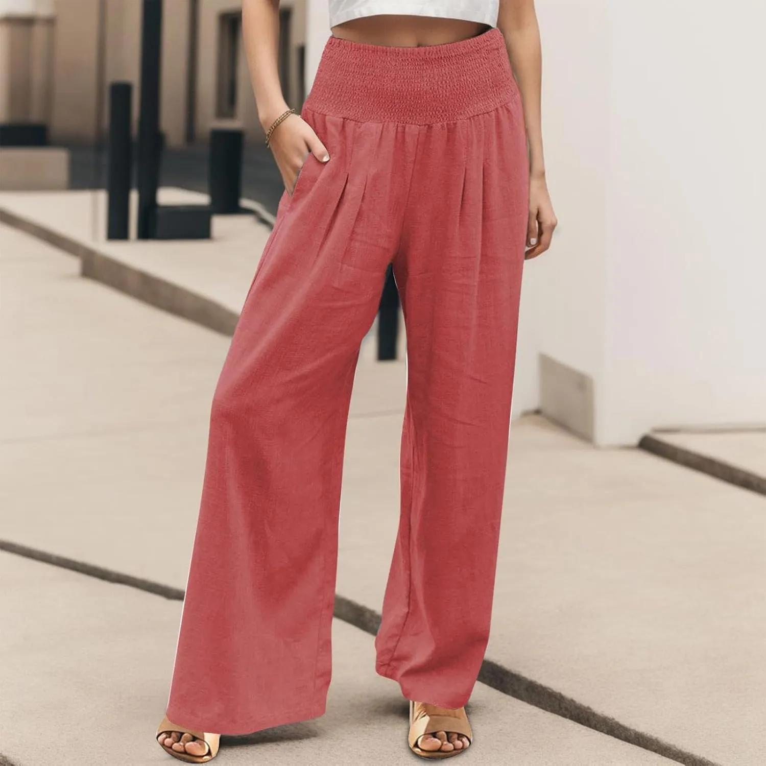 Wide Leg Ankle Pants for Women 2025 Baggy Y2K Summer Stretchy Boho Beach Pants High Waist Plus Size Lounge Palazzo Trousers