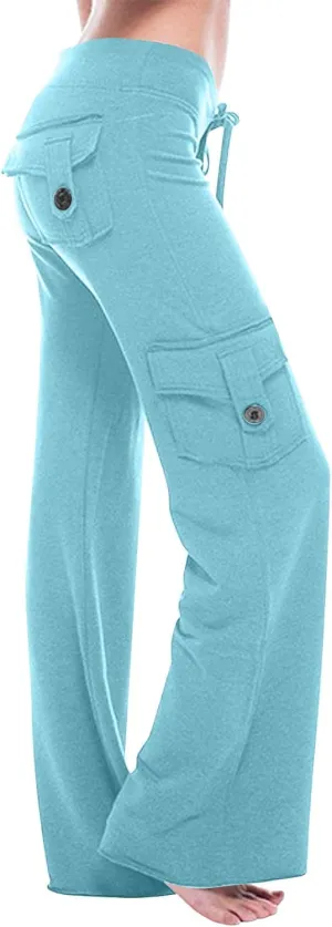 Wide Leg Cargo Pants for Women with Pockets Drawstring High Waisted Yoga Pants Trouser Style Yoga Pants Tall