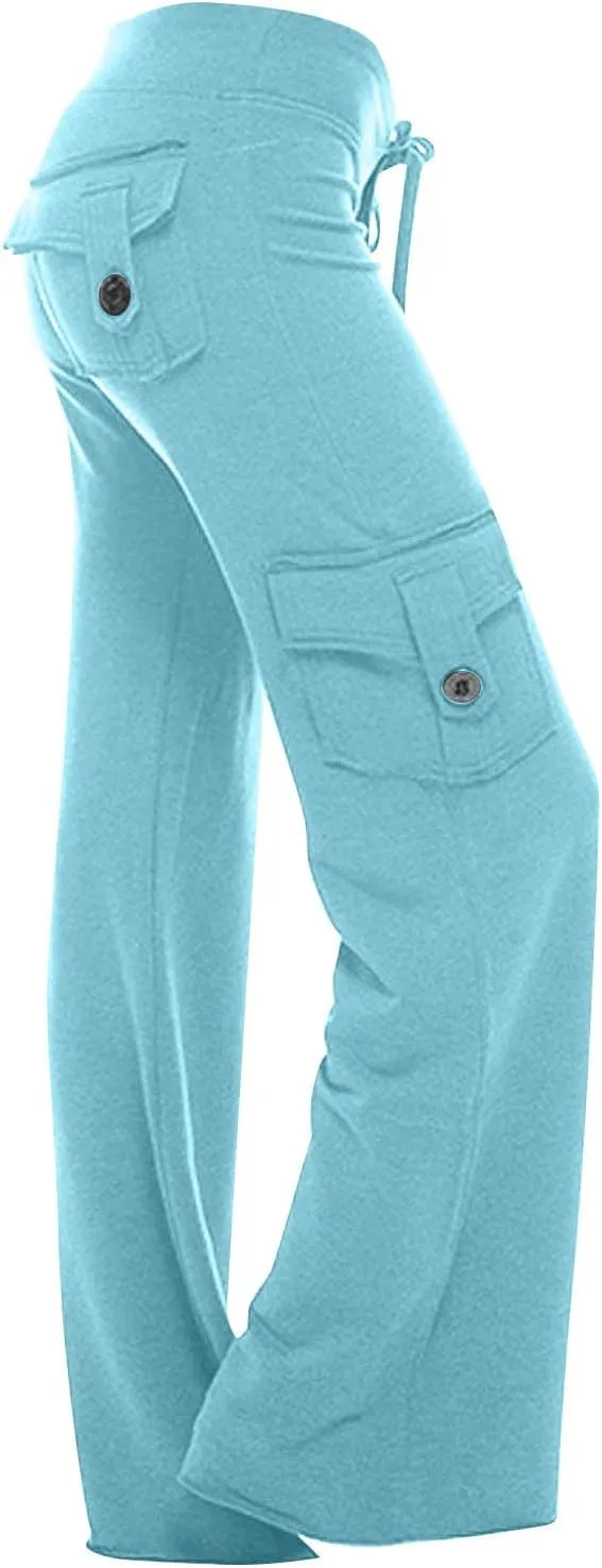 Wide Leg Cargo Pants for Women with Pockets Drawstring High Waisted Yoga Pants Trouser Style Yoga Pants Tall