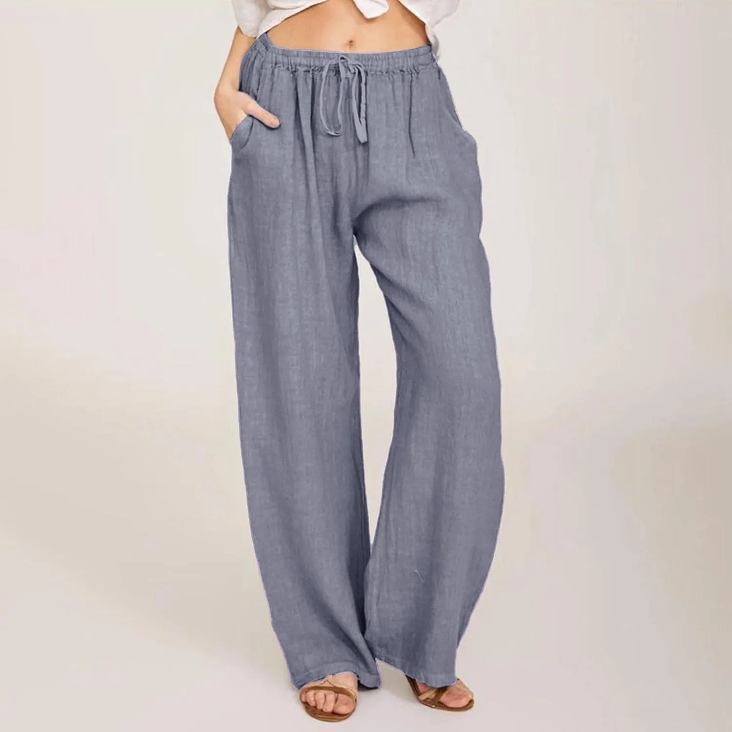 Wide Leg Linen Pants for Women Drawstring Waist Lightweight Summer Pants with Pocket Baggy Cotton Linen Palazzo Pants