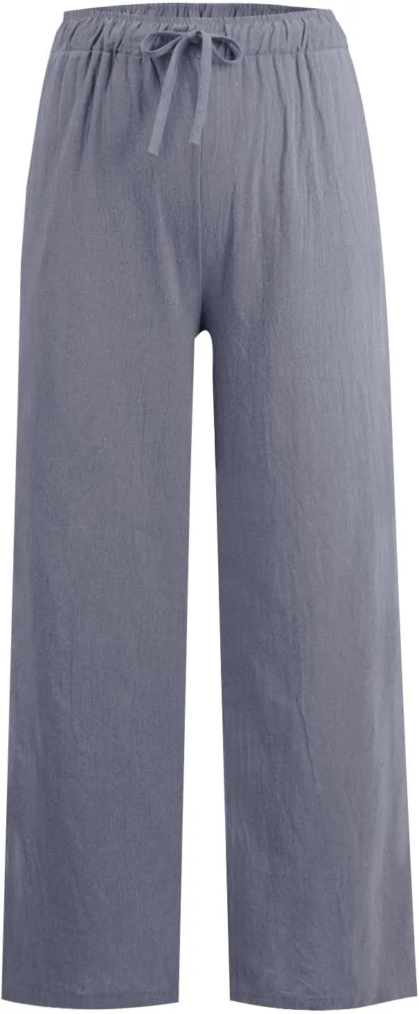 Wide Leg Linen Pants for Women Drawstring Waist Lightweight Summer Pants with Pocket Baggy Cotton Linen Palazzo Pants