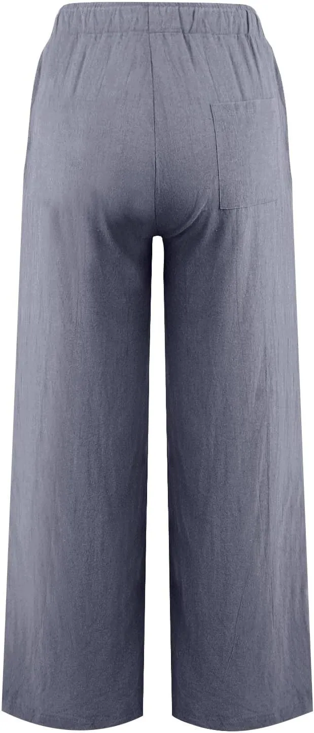 Wide Leg Linen Pants for Women Drawstring Waist Lightweight Summer Pants with Pocket Baggy Cotton Linen Palazzo Pants