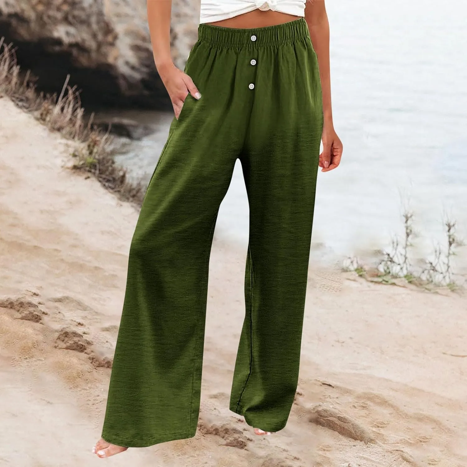 Wide Leg Linen Pants for Women Dressy Casual Summer Elastic Waist Pleated Button Work Pants Beach Trousers w/Pockets