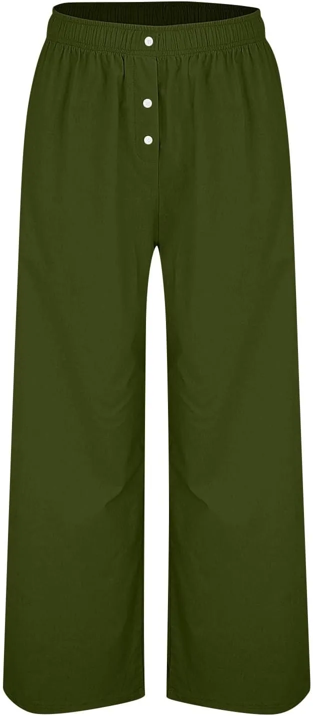 Wide Leg Linen Pants for Women Dressy Casual Summer Elastic Waist Pleated Button Work Pants Beach Trousers w/Pockets