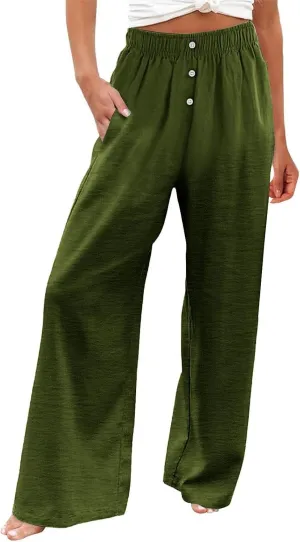 Wide Leg Linen Pants for Women Dressy Casual Summer Elastic Waist Pleated Button Work Pants Beach Trousers w/Pockets