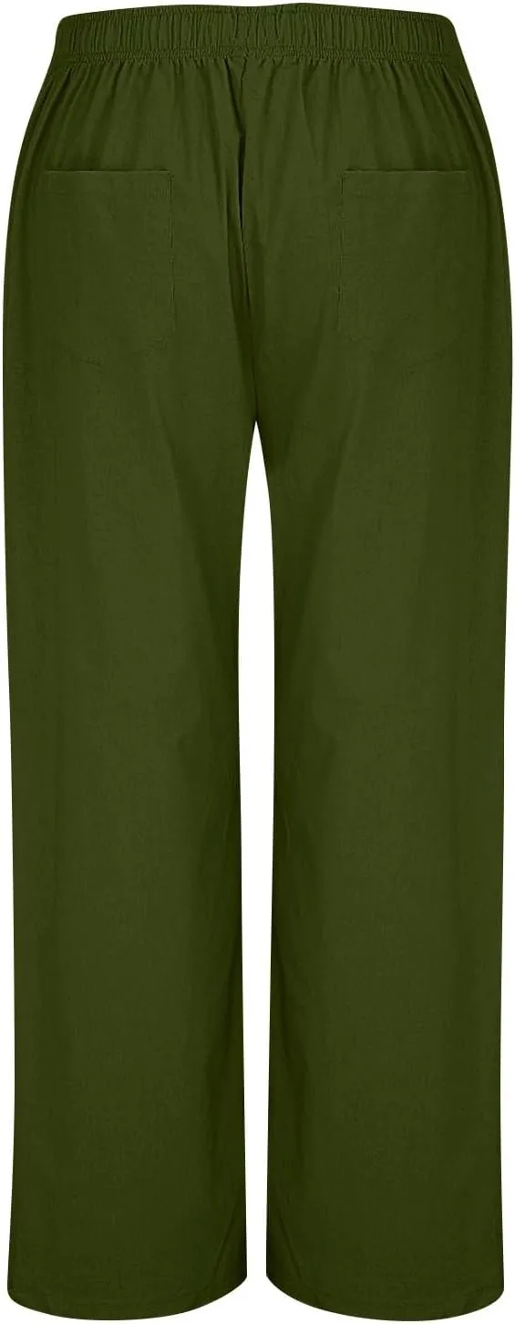 Wide Leg Linen Pants for Women Dressy Casual Summer Elastic Waist Pleated Button Work Pants Beach Trousers w/Pockets