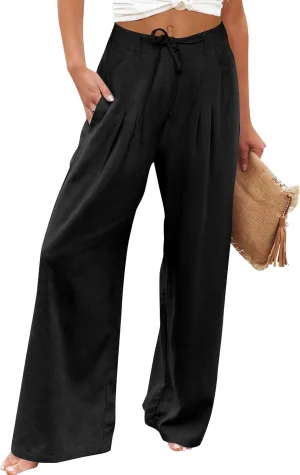 Wide Leg Linen Pants for Women Pleated Drawstring High Waisted Palazzo Pants Comfy Lounge Work Trousers with Pockets