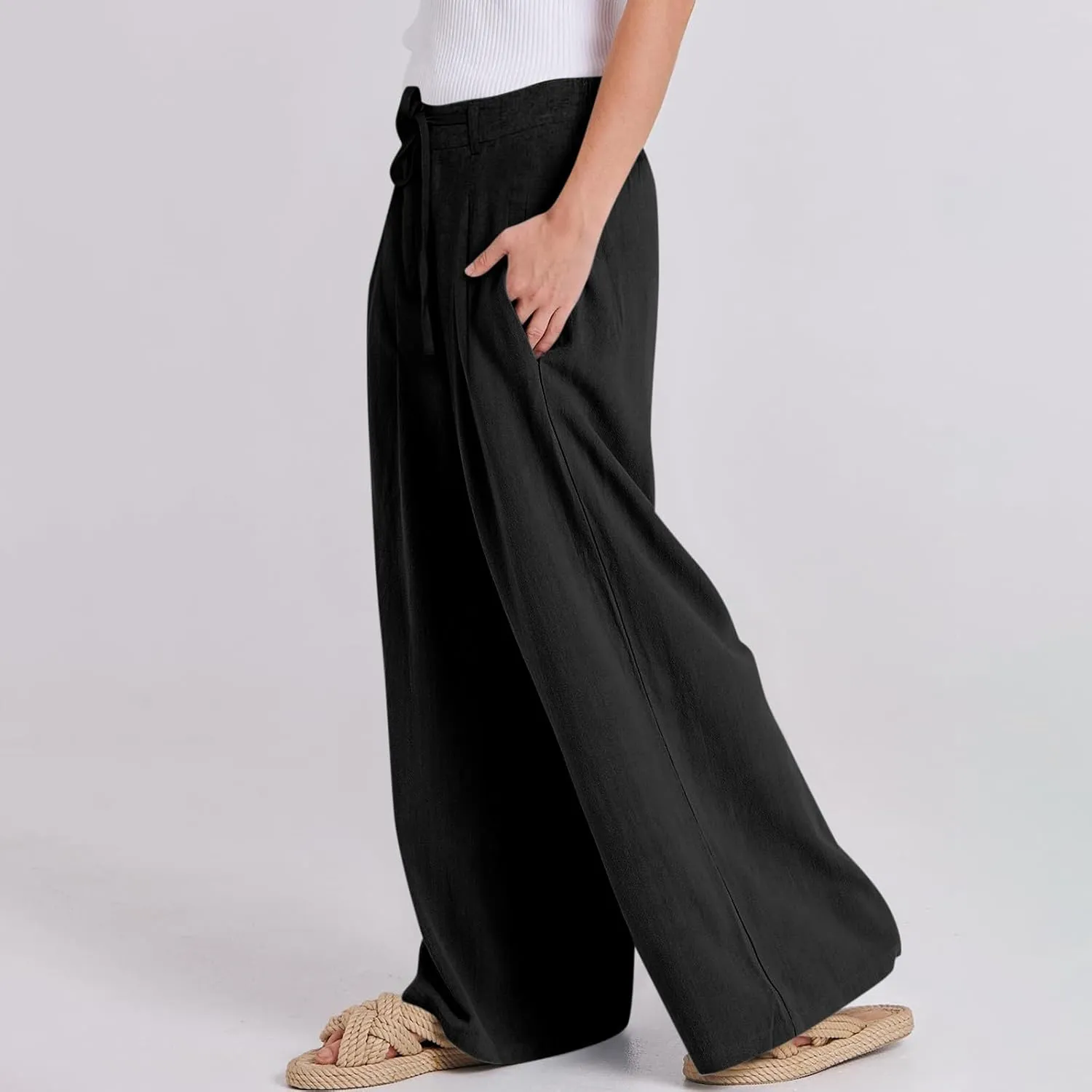 Wide Leg Linen Pants for Women Pleated Drawstring High Waisted Palazzo Pants Comfy Lounge Work Trousers with Pockets