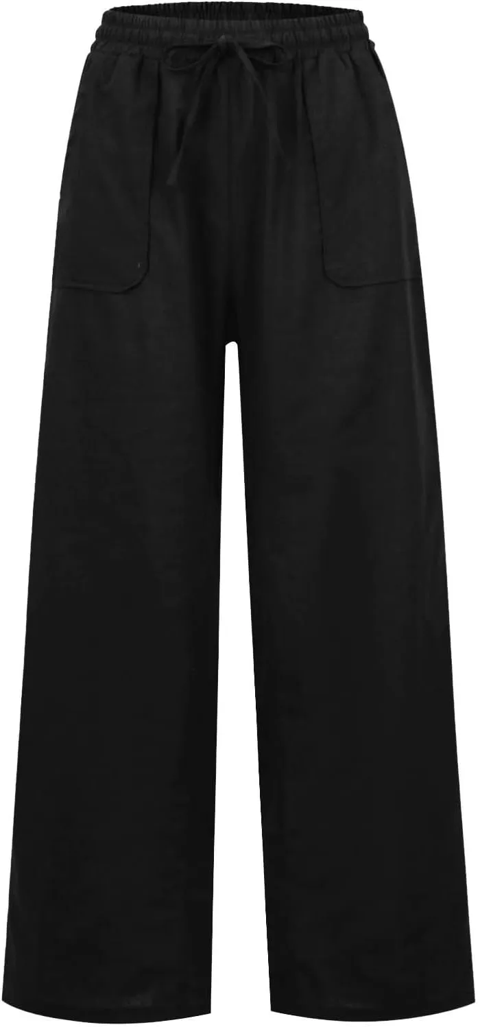 Wide Leg Linen Pants for Women Summer Casual Straight Leg Baggy Pants Lightweight High Waisted Trousers with Pockets