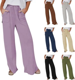 Wide Leg Linen Pants for Women Summer Casual Straight Leg Baggy Pants Lightweight High Waisted Trousers with Pockets