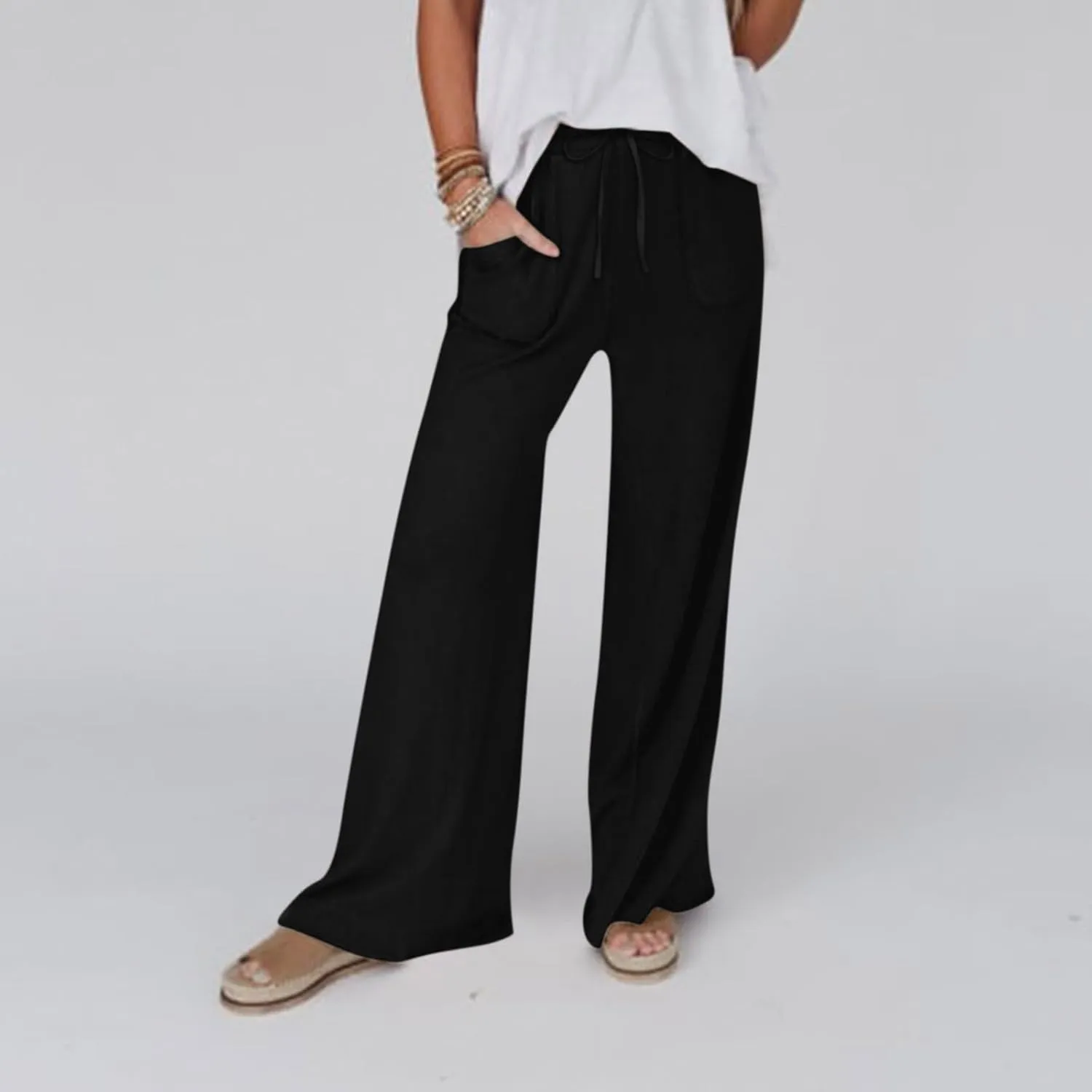 Wide Leg Linen Pants for Women Summer Casual Straight Leg Baggy Pants Lightweight High Waisted Trousers with Pockets