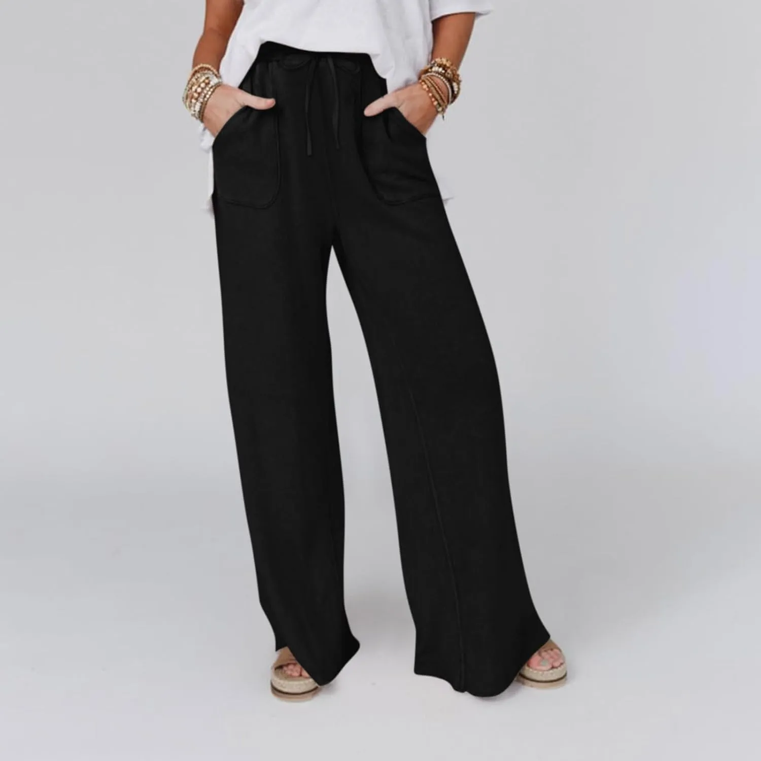 Wide Leg Linen Pants for Women Summer Casual Straight Leg Baggy Pants Lightweight High Waisted Trousers with Pockets
