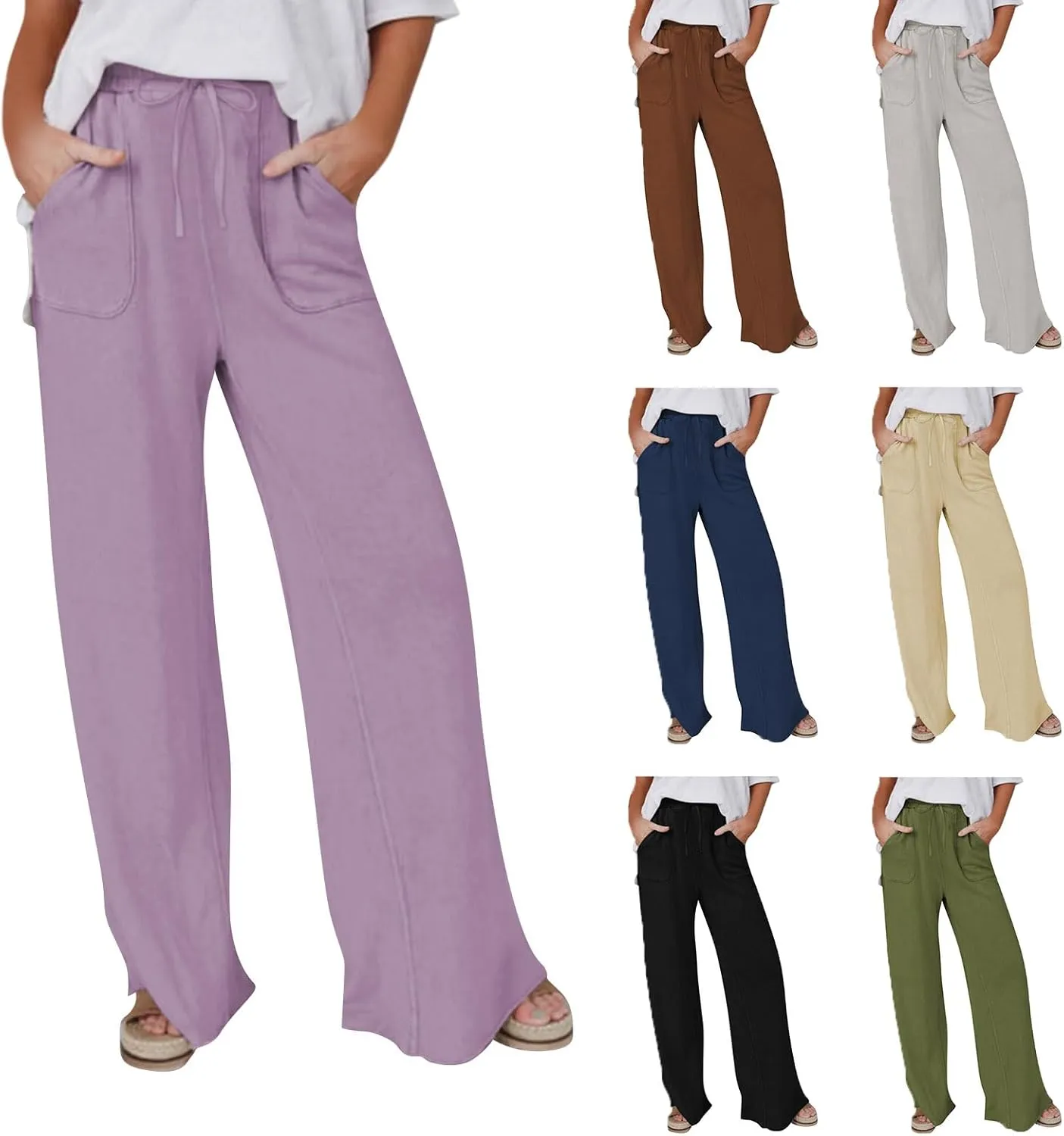 Wide Leg Linen Pants for Women Summer Casual Straight Leg Baggy Pants Lightweight High Waisted Trousers with Pockets