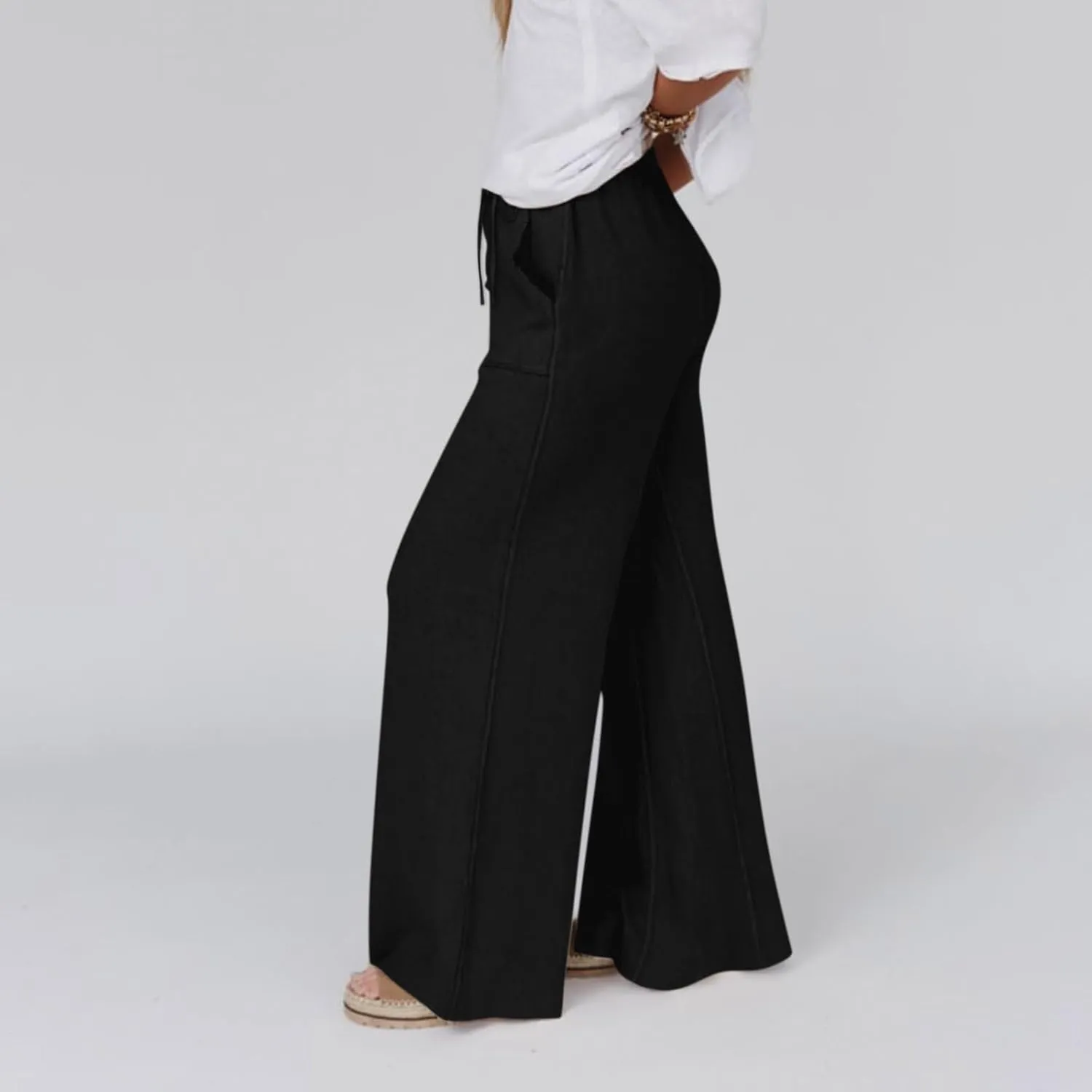 Wide Leg Linen Pants for Women Summer Casual Straight Leg Baggy Pants Lightweight High Waisted Trousers with Pockets