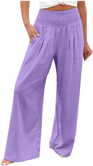 Wide Leg Linen Pants Women Boho Smocked High Waist Palazzo Pants Flowy Summer Vacation Beach Trousers with Pockets
